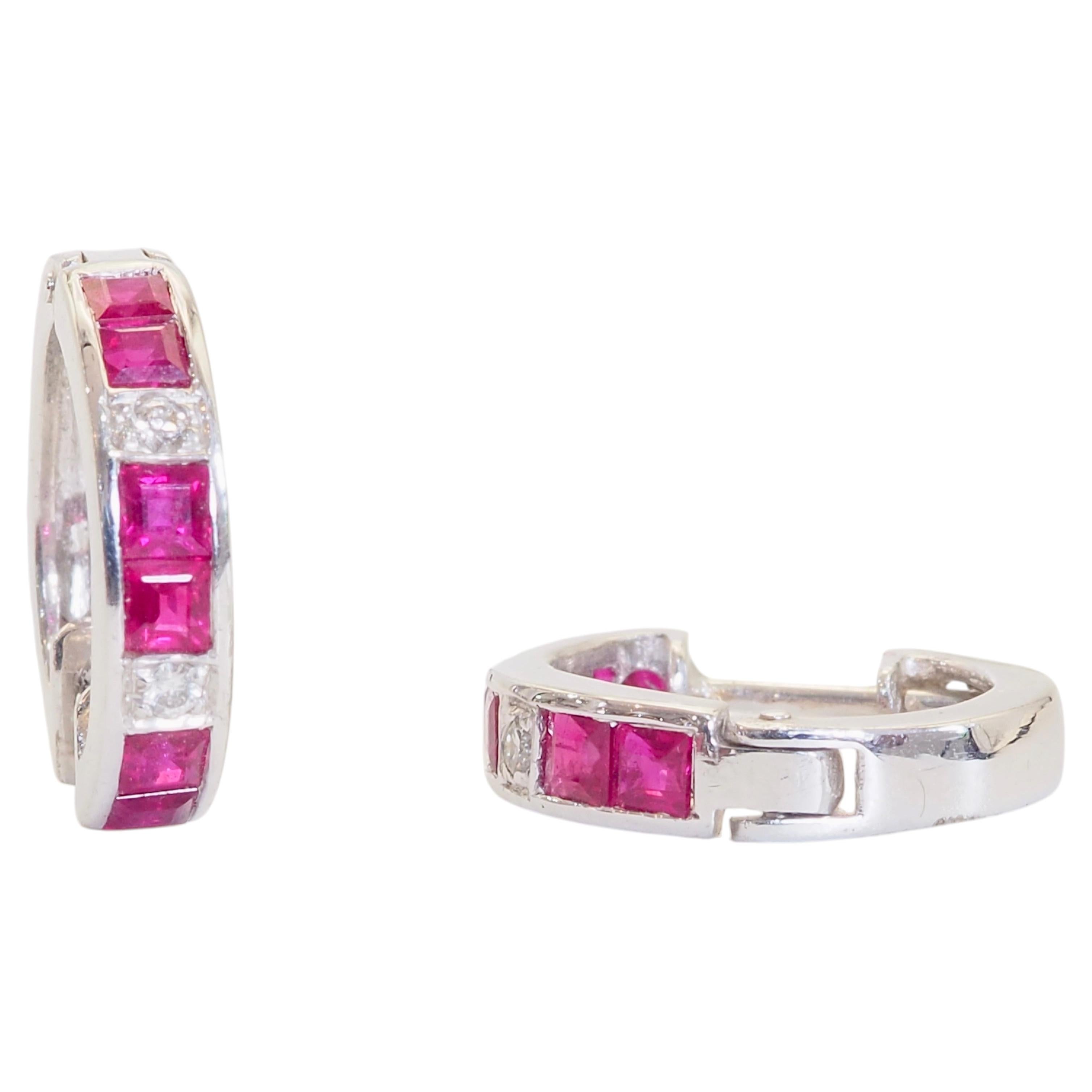 18K White Gold 1ct Squared Ruby & 0.04ct Diamond Hoop Latch Back Earrings