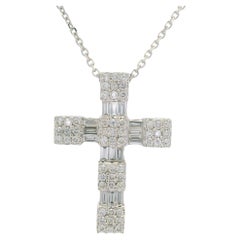 18k White Gold 1ctw Baguette 
Round Diamond Cross Pendant Adjustable Necklace