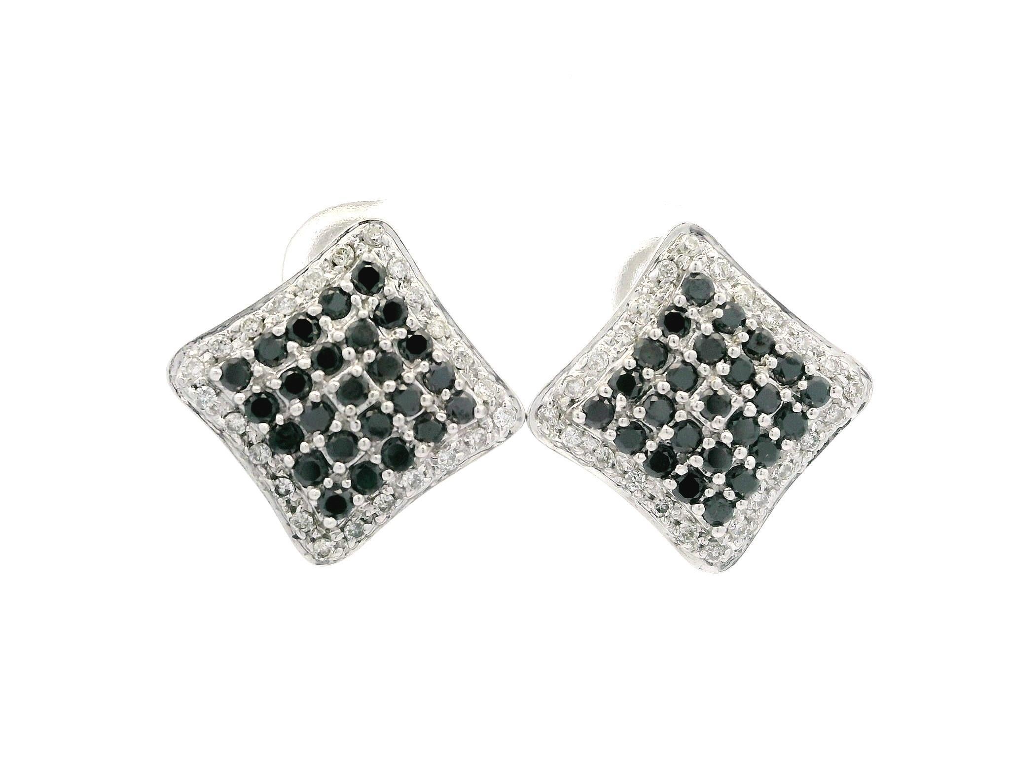 18k White Gold 1ctw Black & White Diamond Flared Lozenge Shape Drop Earrings