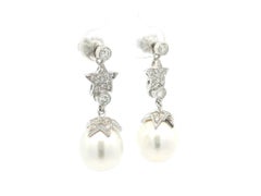 18k White Gold 1ctw Diamond & Egg Shaped Pearl Star Drop Dangle Earrings