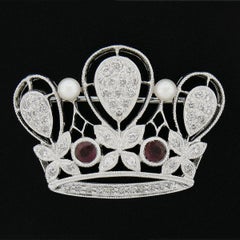 18k White Gold 1ctw Ruby & Diamond w/ Pearl Milgrain Work Crown Tiara Pin Brooch