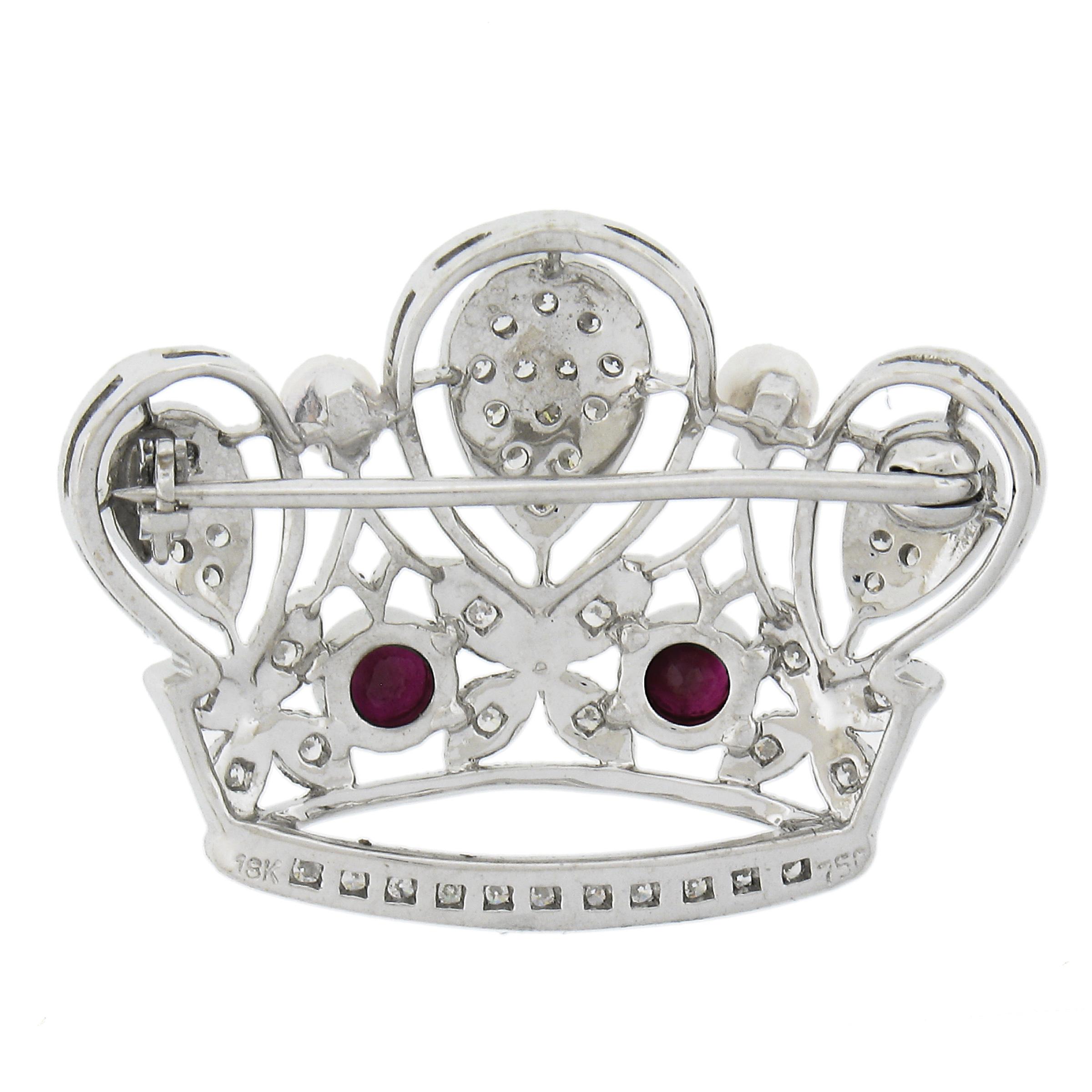 Round Cut 18k White Gold 1ctw Ruby & Diamond w/ Pearl Milgrain Work Crown Tiara Pin Brooch For Sale