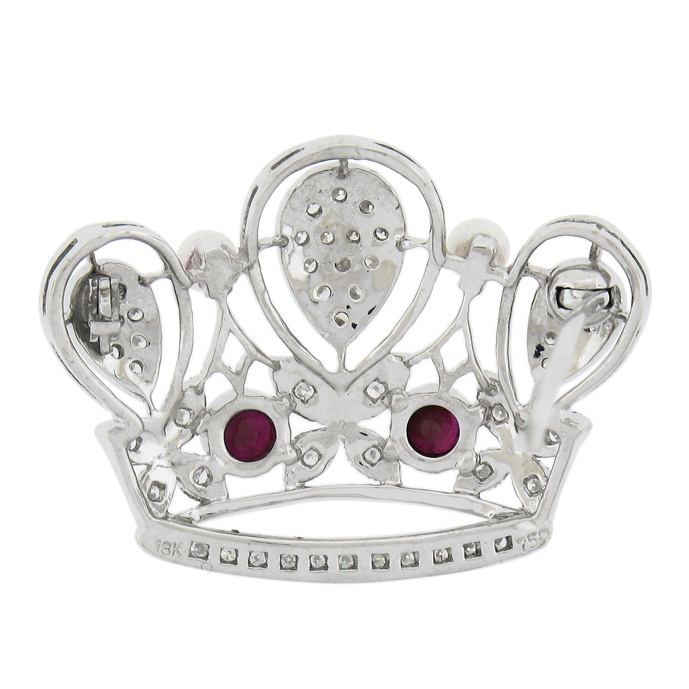 18k White Gold 1ctw Ruby & Diamond w/ Pearl Milgrain Work Crown Tiara Pin Brooch In Excellent Condition For Sale In Montclair, NJ