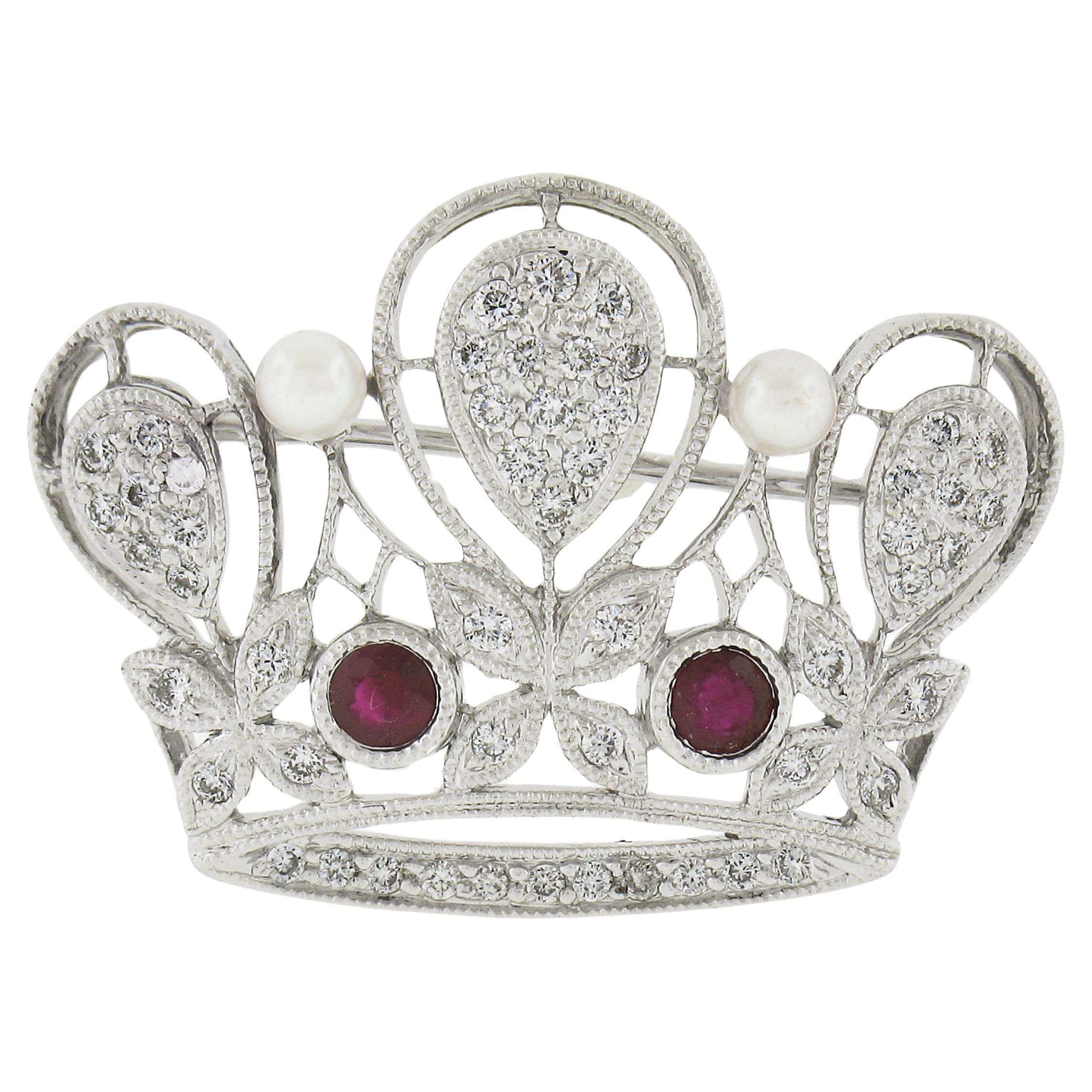 18k White Gold 1ctw Ruby & Diamond w/ Pearl Milgrain Work Crown Tiara Pin Brooch For Sale