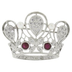 Broche couronne diadème en or blanc 18k 1ctw rubis et diamant avec perles à grains multiples