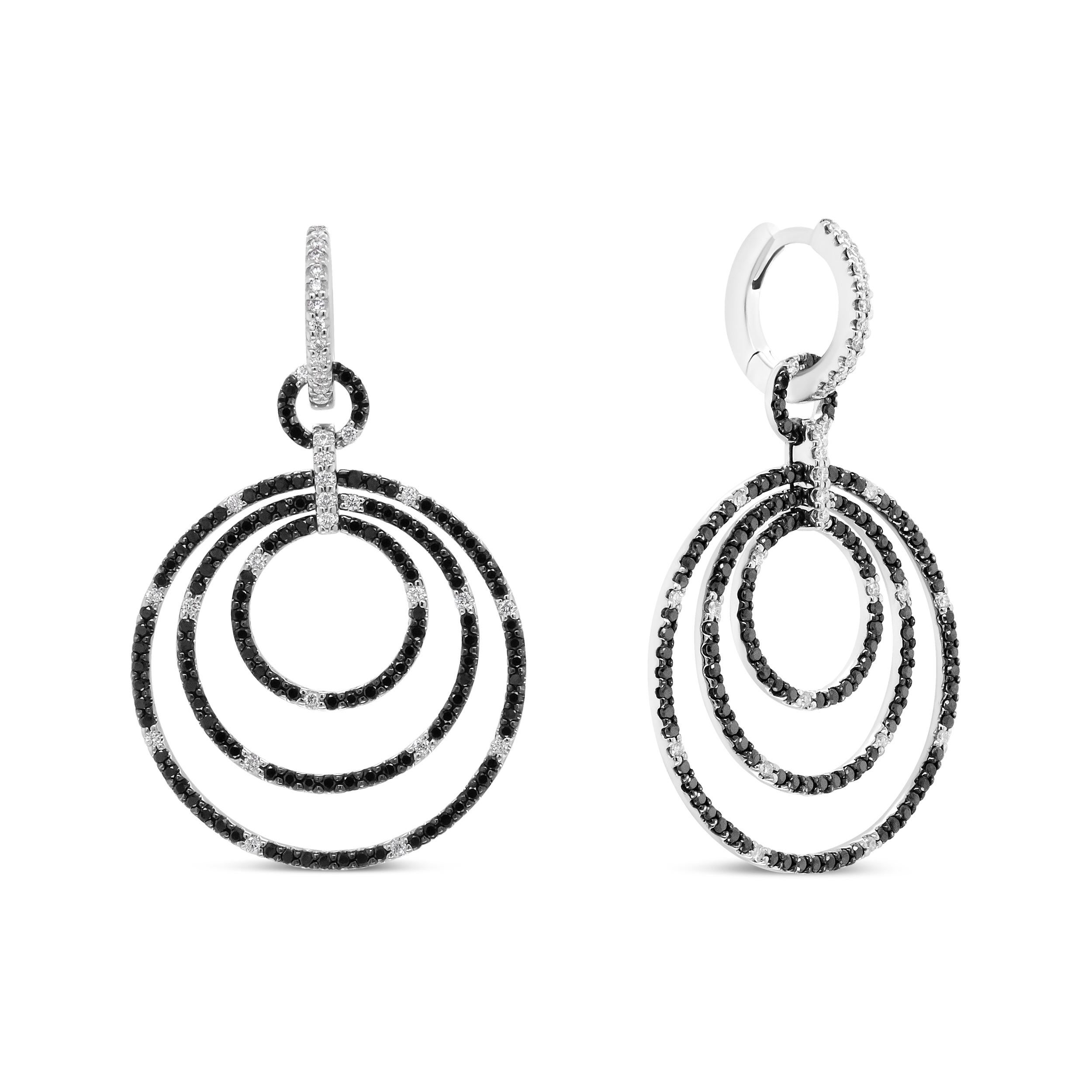 Contemporary 18K White Gold 2 1/3 Carat Black and White Diamond Graduated Hoop Dangle Earring For Sale