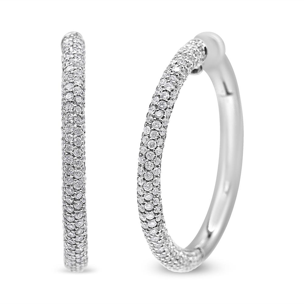Contemporary 18K White Gold 2 1/3 Cttw Pave Set Diamond Semi Eternity Leverback Hoop Earrings For Sale