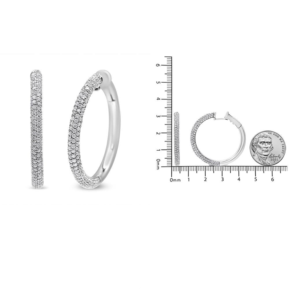 Round Cut 18K White Gold 2 1/3 Cttw Pave Set Diamond Semi Eternity Leverback Hoop Earrings For Sale