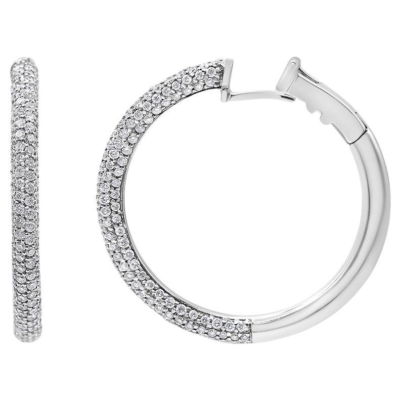 18K White Gold 2 1/3 Cttw Pave Set Diamond Semi Eternity Leverback Hoop Earrings For Sale