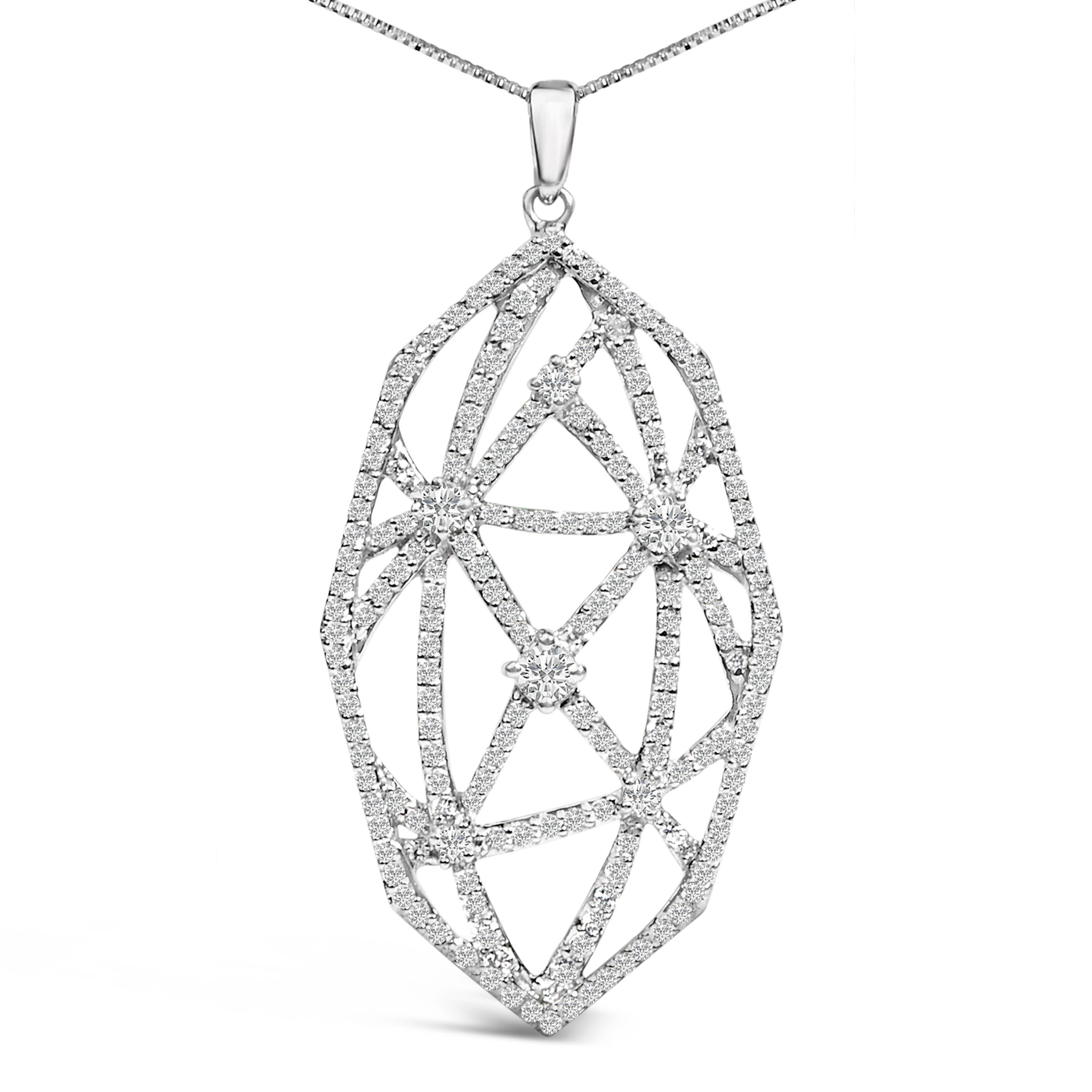 Immerse yourself in the elegance of the 18K White Gold Diamond Geometric Open Work Pendant Necklace, a masterpiece where luxury meets precision. Every aspect of this resplendent accessory has been thoughtfully designed to exude sophistication and