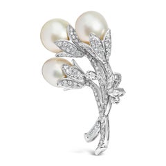 18K White Gold 2 1/5 Cttw Diamond and South Sea Pearl Floral Brooch Pin