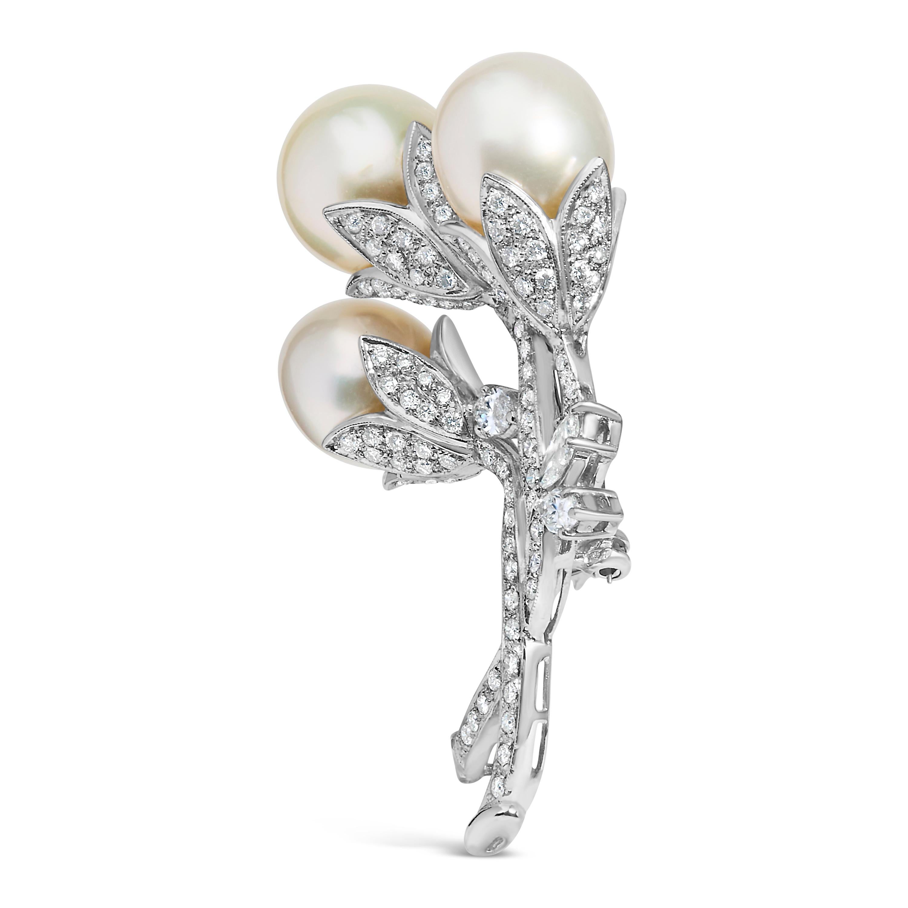 Modern 18K White Gold 2 1/5 Cttw Diamond and South Sea Pearl Floral Brooch Pin For Sale