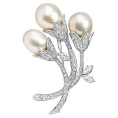 Alfiler broche floral de oro blanco de 18 quilates con diamantes de 2 1/5 qt y perlas del mar del sur
