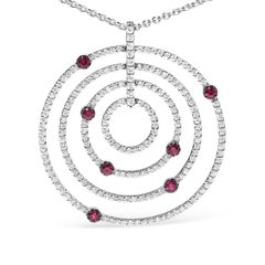 18K White Gold 2 1/6 Carat Diamonds & Red Ruby Openwork Circles Pendant Necklace