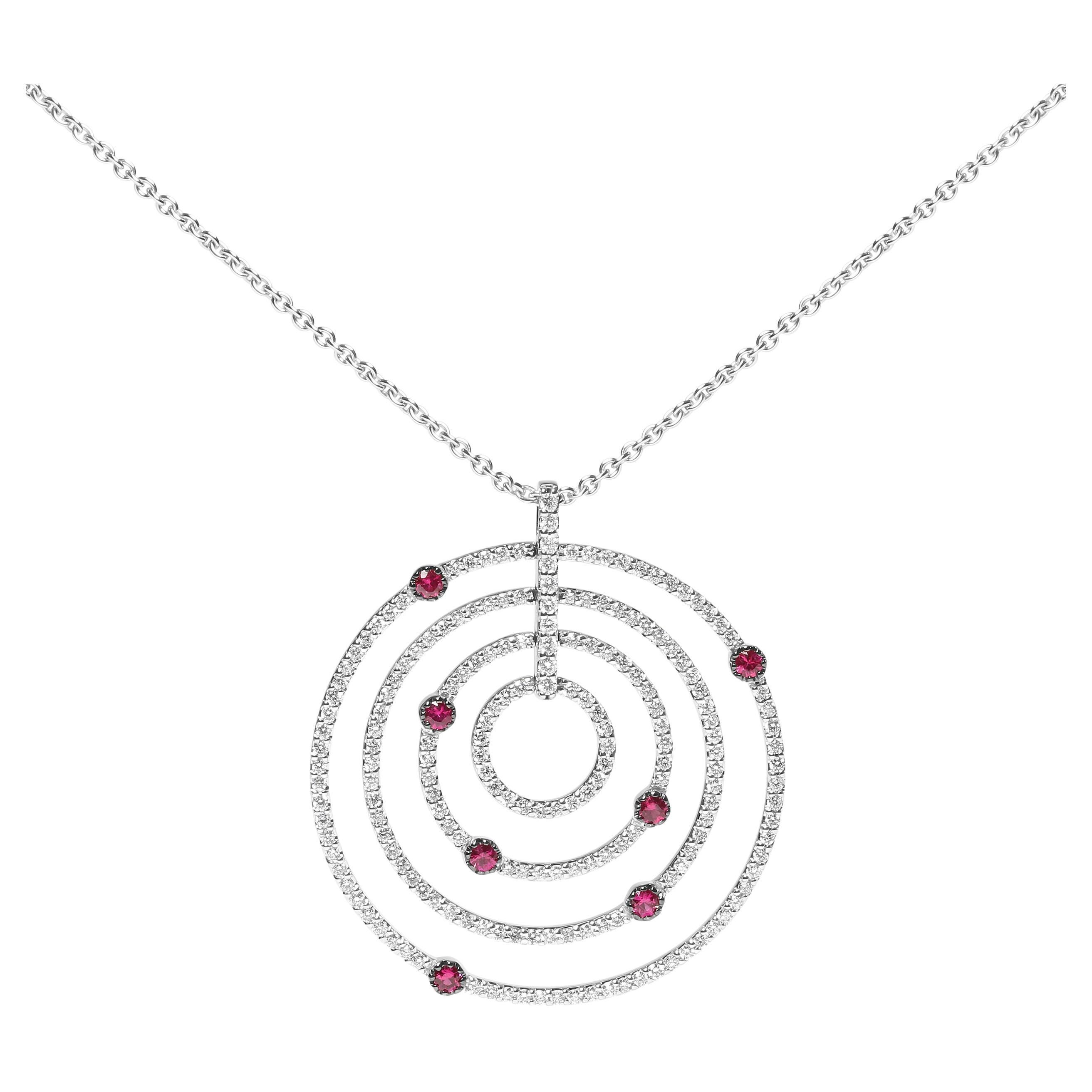 18K White Gold 2 1/6 Carat Diamonds & Red Ruby Openwork Circles Pendant Necklace