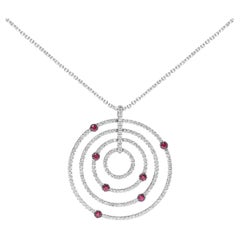 18K White Gold 2 1/6 Carat Diamonds & Red Ruby Openwork Circles Pendant Necklace