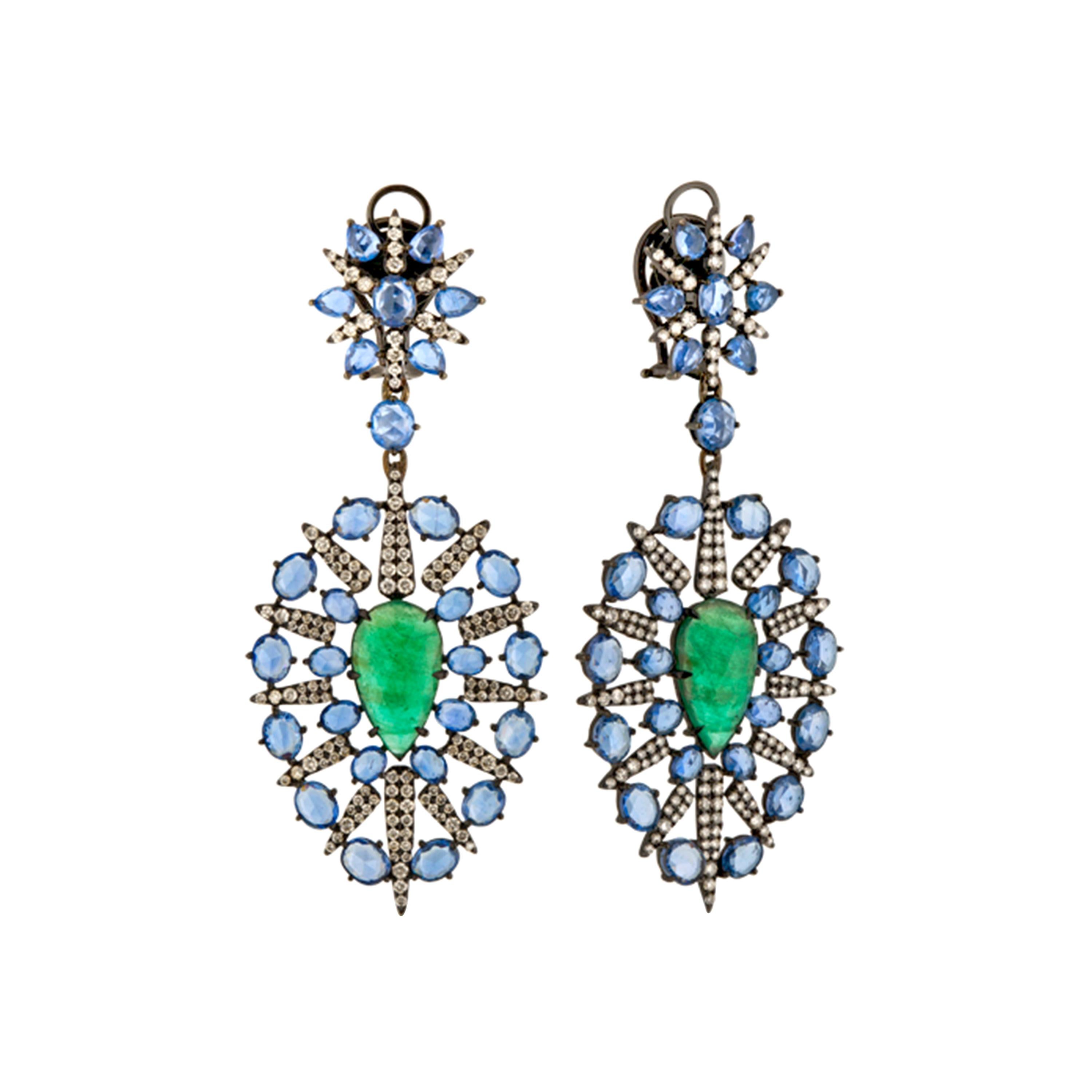 18K White Gold 2 2.88 Karat Emerald Sapphire 296 0.075K Diamond Drop Earrings For Sale
