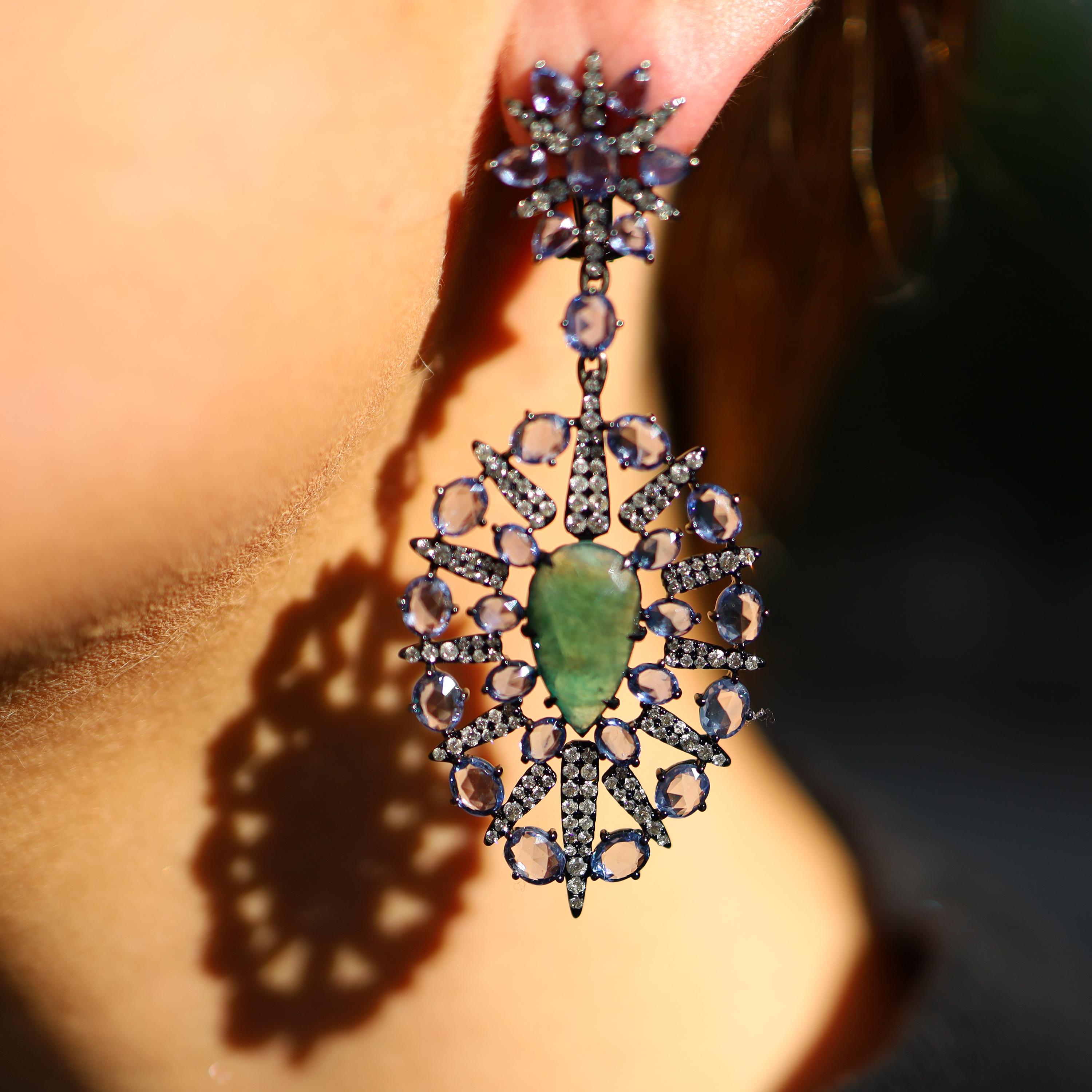 18K White Gold 2 2.88 Karat Emerald Sapphire 296 0.075K Diamond Drop Earrings In New Condition For Sale In Newstead, QLD