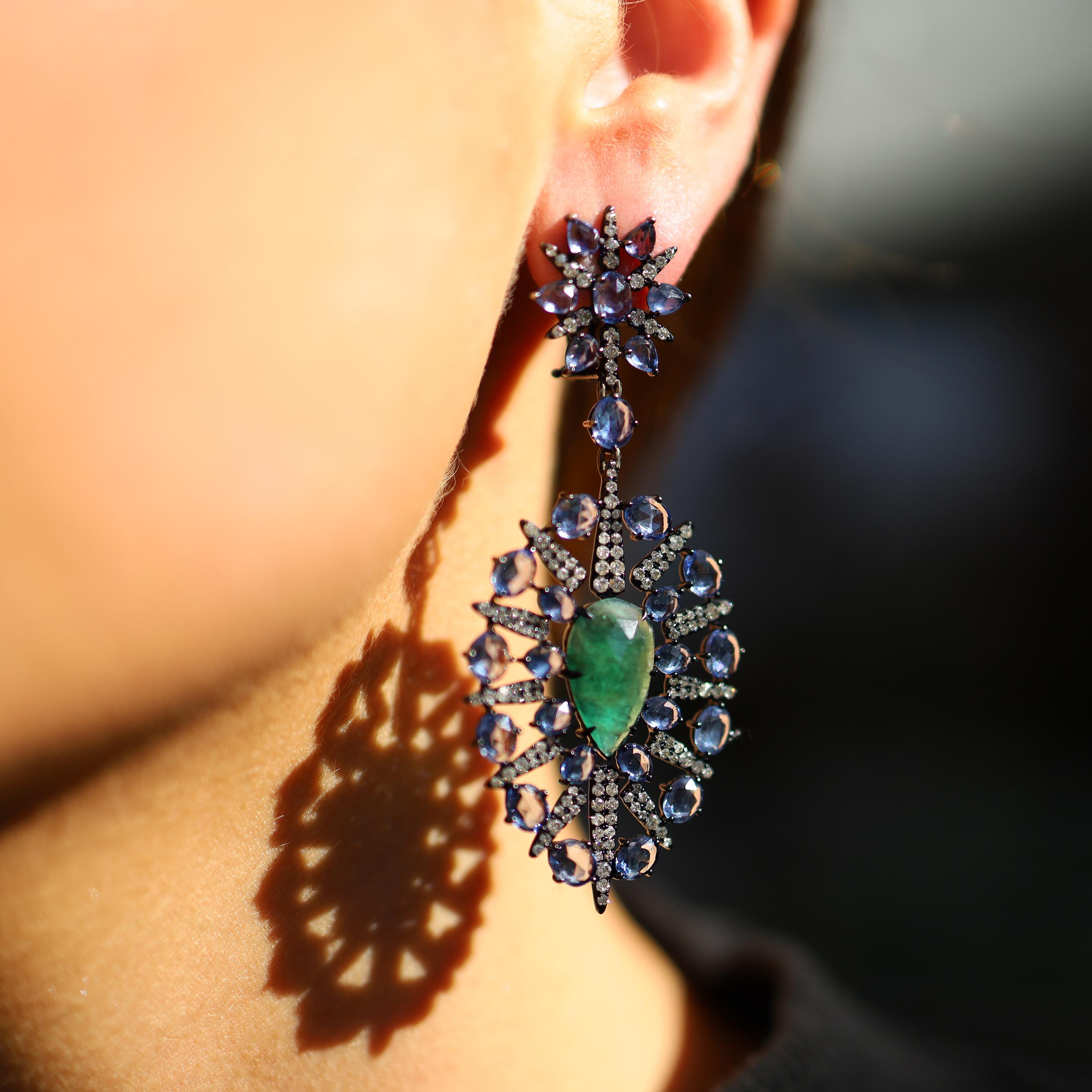 Women's 18K White Gold 2 2.88 Karat Emerald Sapphire 296 0.075K Diamond Drop Earrings For Sale