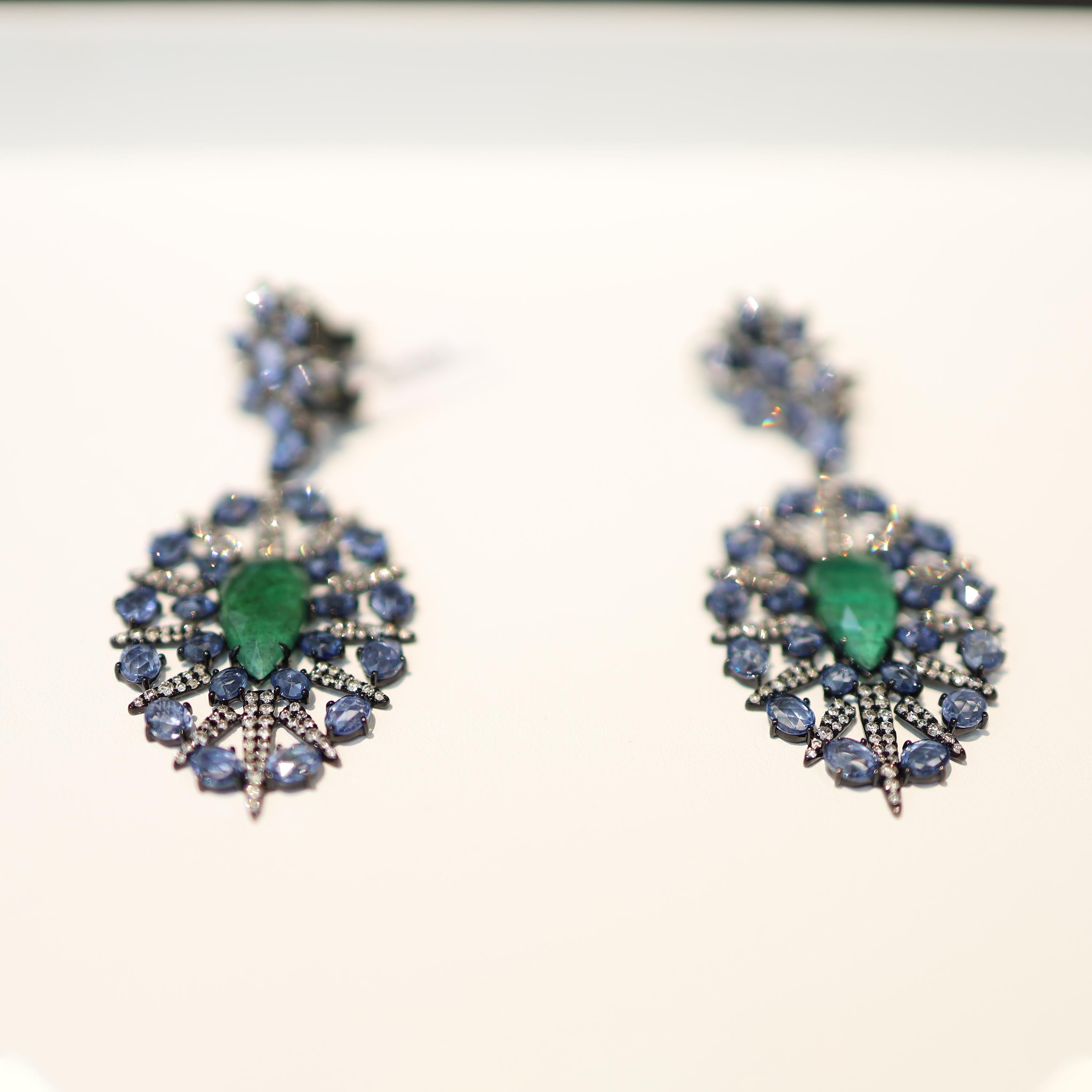 18K White Gold 2 2.88 Karat Emerald Sapphire 296 0.075K Diamond Drop Earrings For Sale 1