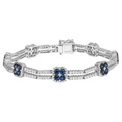 18K White Gold 2 3/4 Cttw Diamond and 3x3MM Sapphire Double Row Link Bracelet