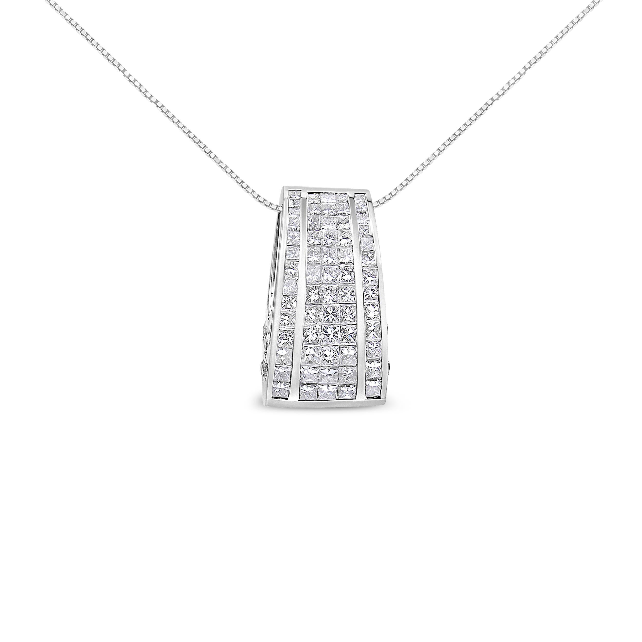 This radiant pendant is adorned with over two carats of alternating round and princess cut diamonds for truly brilliant style. Set in 18 karat white gold, and featuring an intricate cut-out design at the sides, it's a piece that always gets