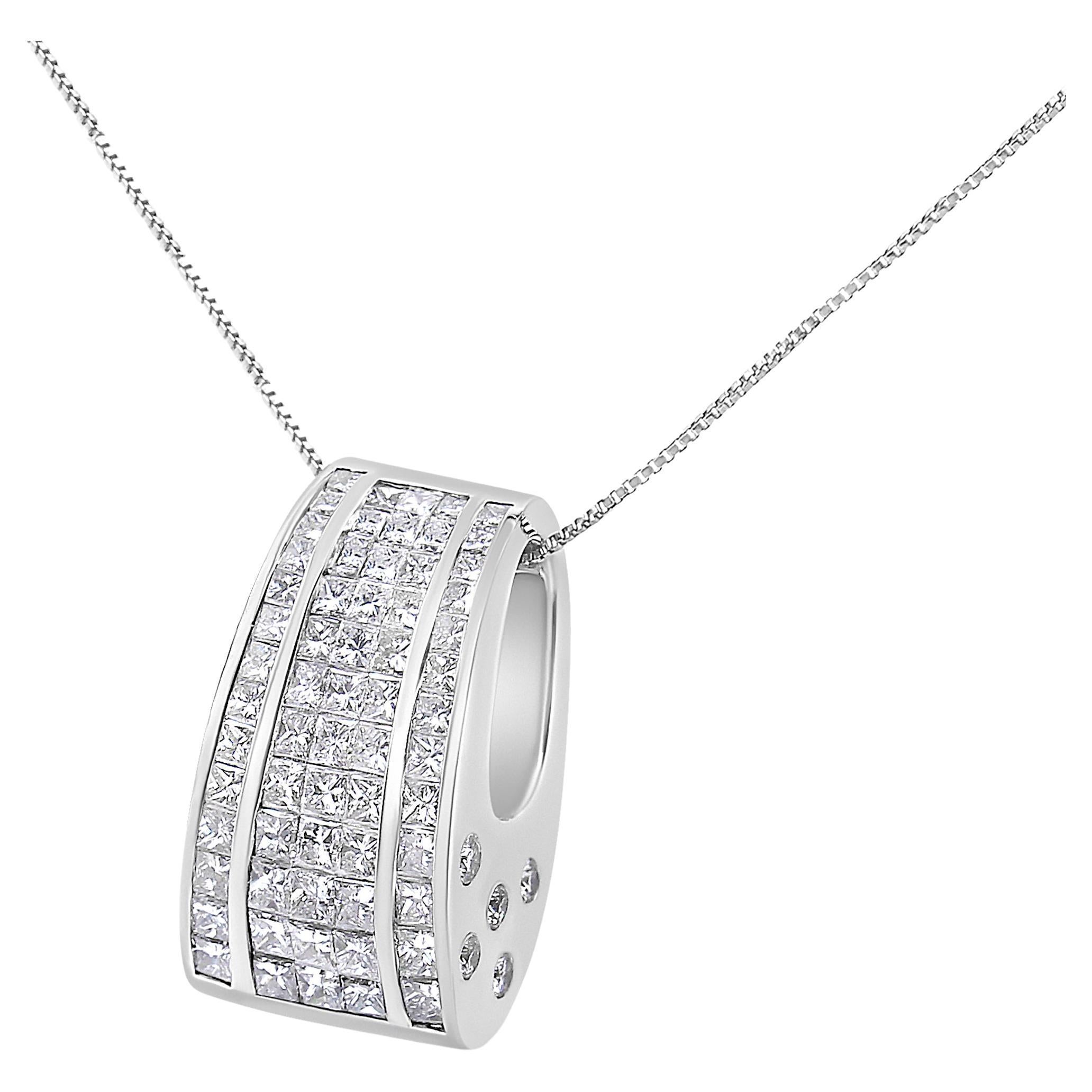 18K White Gold 2 4/5 Carat Princess & Round Cut Banded Diamond Pendant Necklace