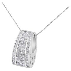 18K White Gold 2 4/5 Carat Princess & Round Cut Banded Diamond Pendant Necklace