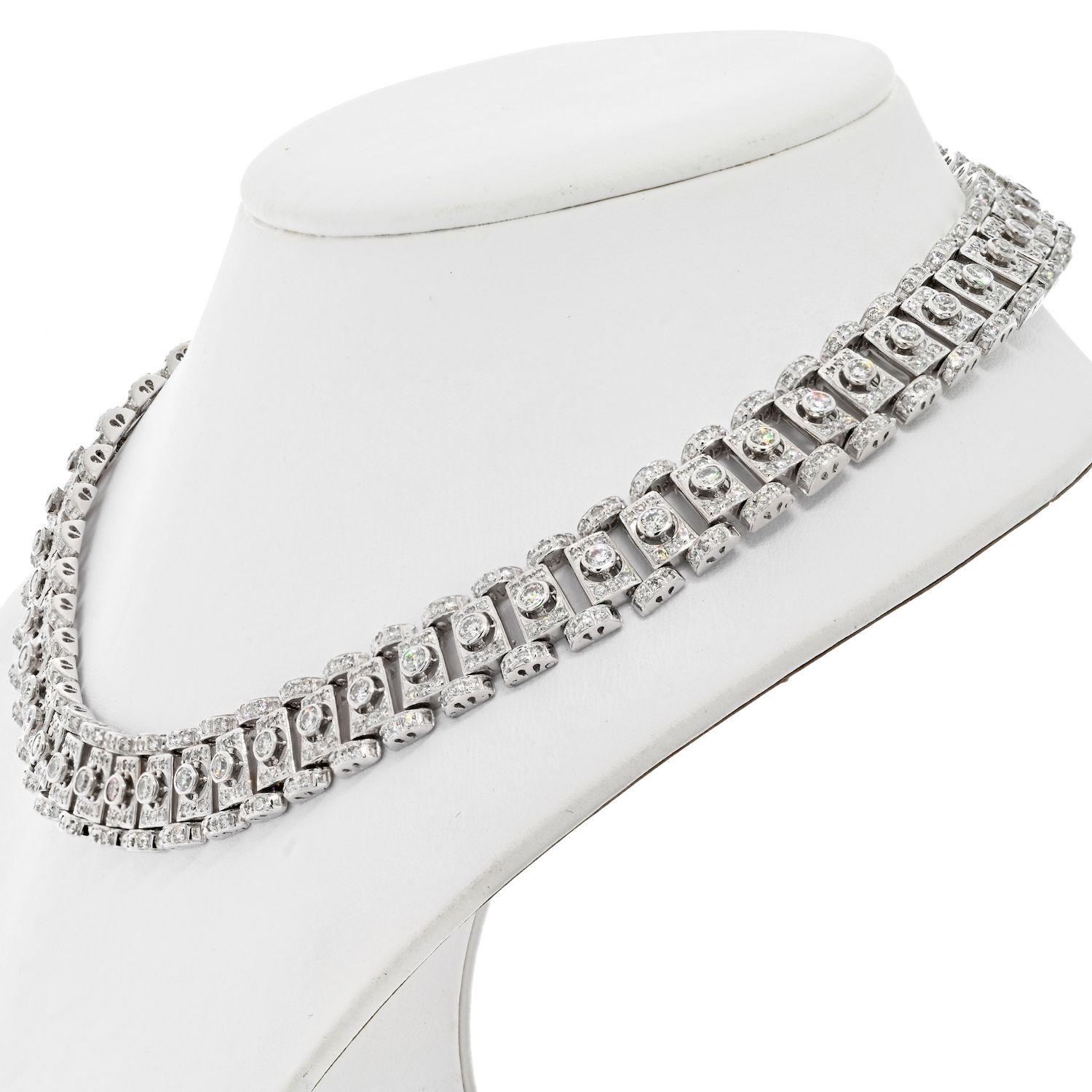 Comes to us from our estate collection this lovely collar necklace is crafted in 18k white gold mounted with over 700 of round diamonds with total carat weight of 20.00cttw. This is a perfect necklace to wear as a statement piece or as a necklace