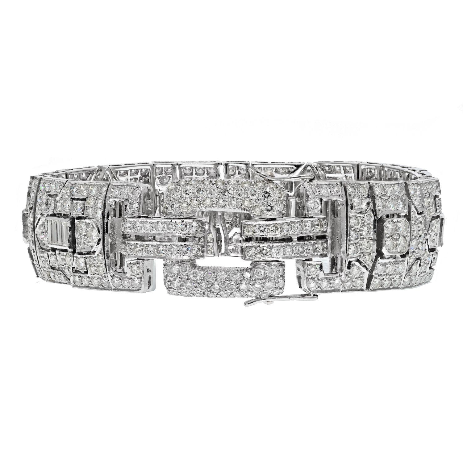 Exceptional 18K White Gold 20 Carat Estate Diamond Bracelet. Crafted in 18k white gold, mounted with various cut diamonds that total 20.00cttw.
Bracelet Width: 17mm 
Bracelet Length: 7.5 inches  
Folder over clasp with safety. 