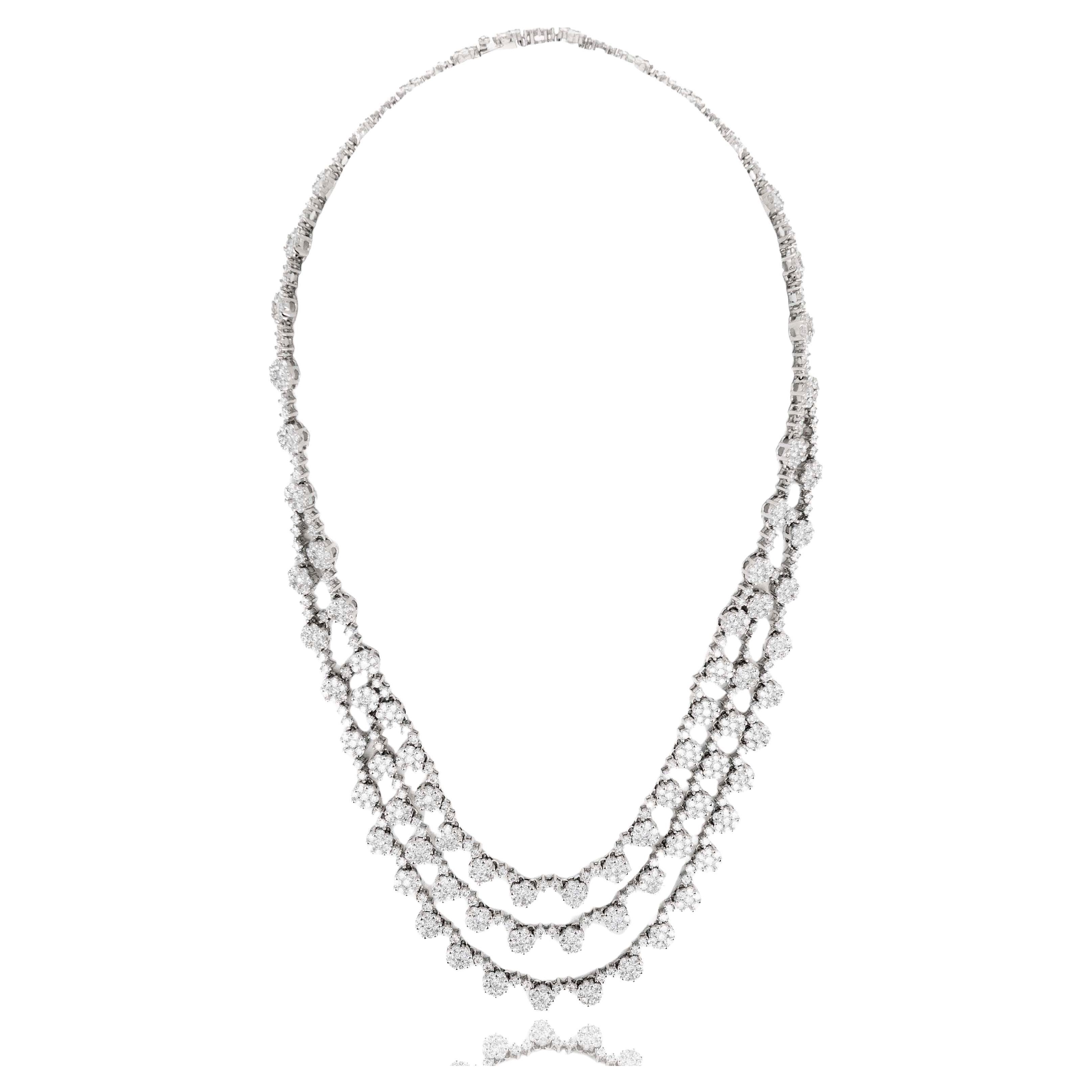 18K White Gold 20 Carat Round Diamond Floral Triple Strand Necklace