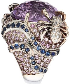18k White Gold 20 ct Amethyst Cocktail Ring with Sapphire and Diamond Accents