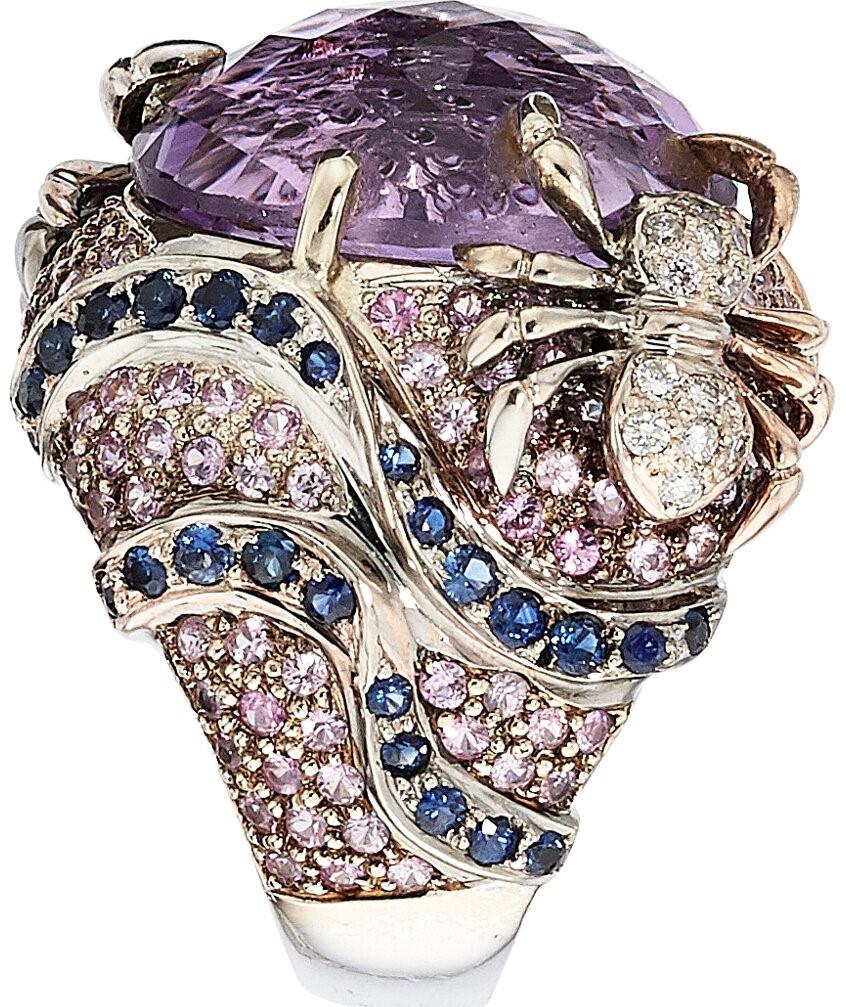 Women's or Men's 18k White Gold 20 ct Amethyst Cocktail Ring with Sapphire and Diamond Accents For Sale