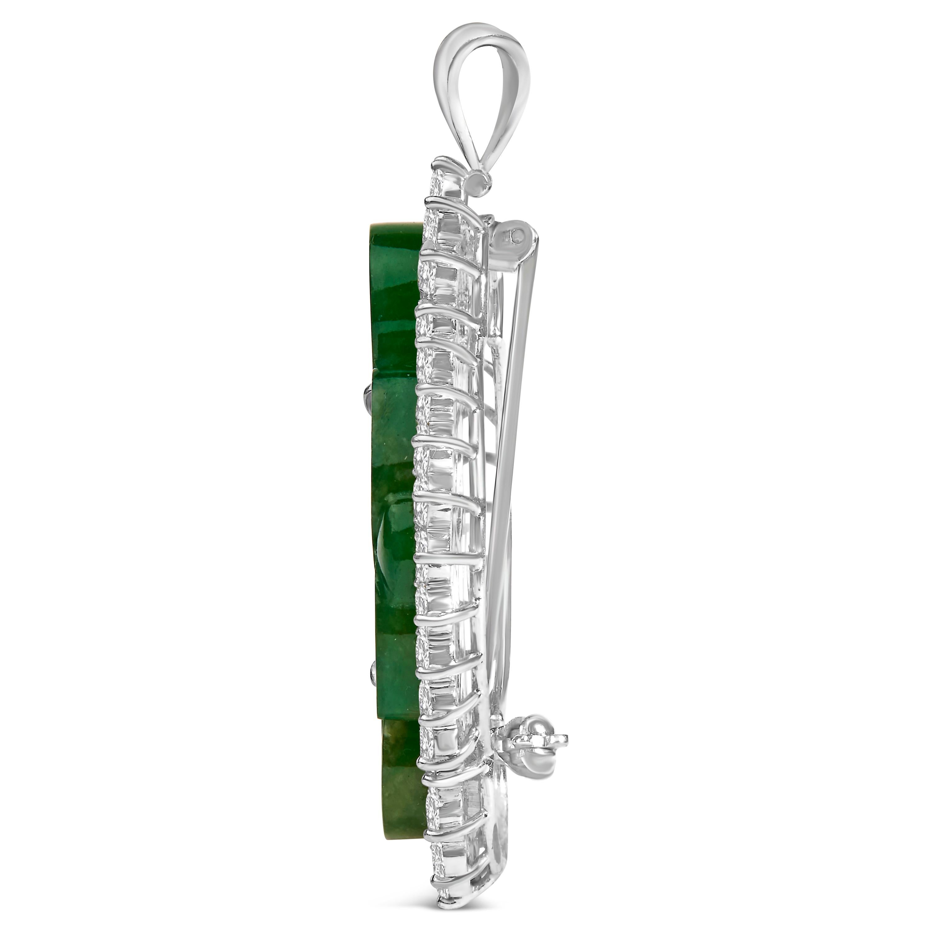 Modern 18K White Gold 2.0 Cttw Diamond Halo and Jade Shield Brooch Pin and Pendant For Sale