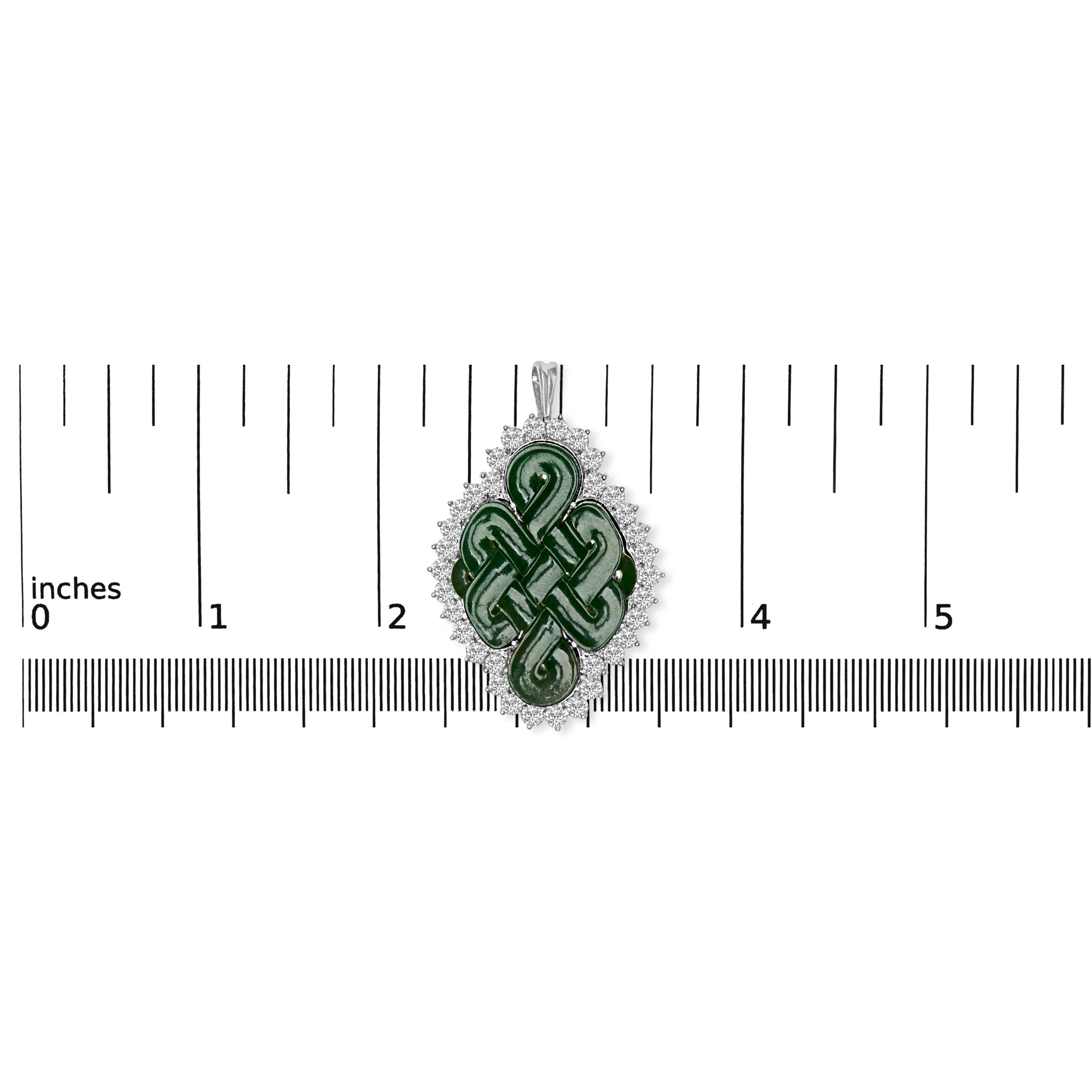 Round Cut 18K White Gold 2.0 Cttw Diamond Halo and Jade Shield Brooch Pin and Pendant For Sale