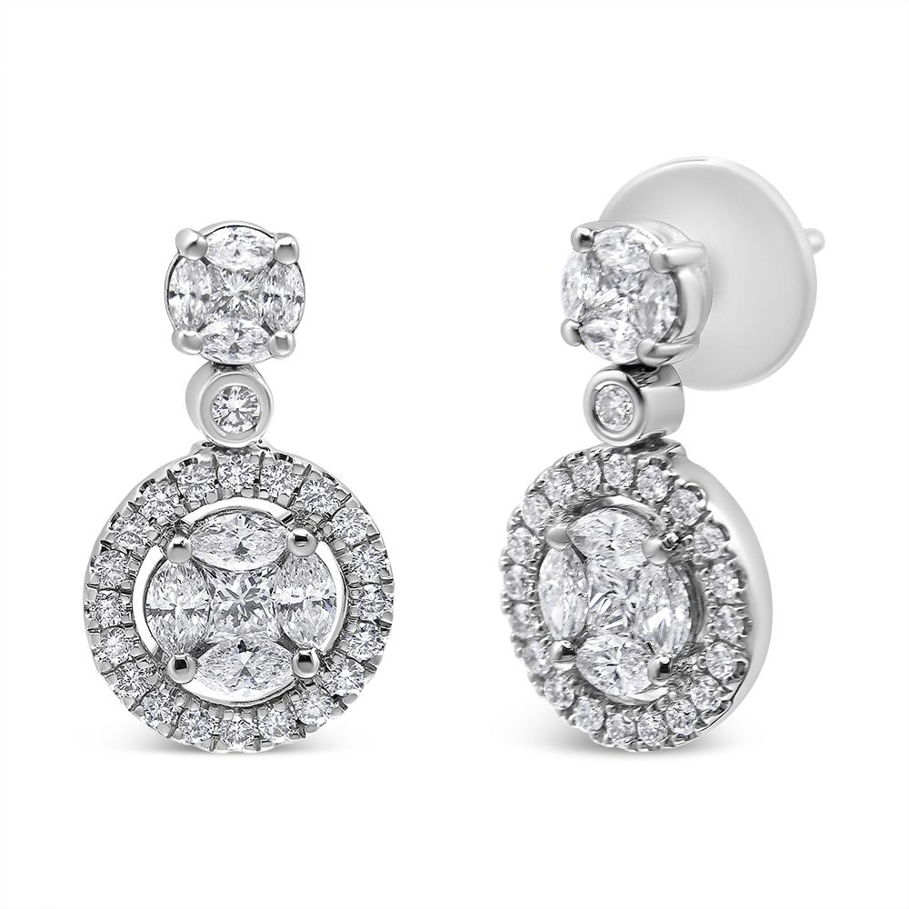 Take your evening attire from ready to resplendent with these gorgeous diamond drop earrings. Crafted in cool 18K white gold, each exquisite dangle features an round-shaped composite of shimmering diamonds. Each dangle features 4 marquise shaped