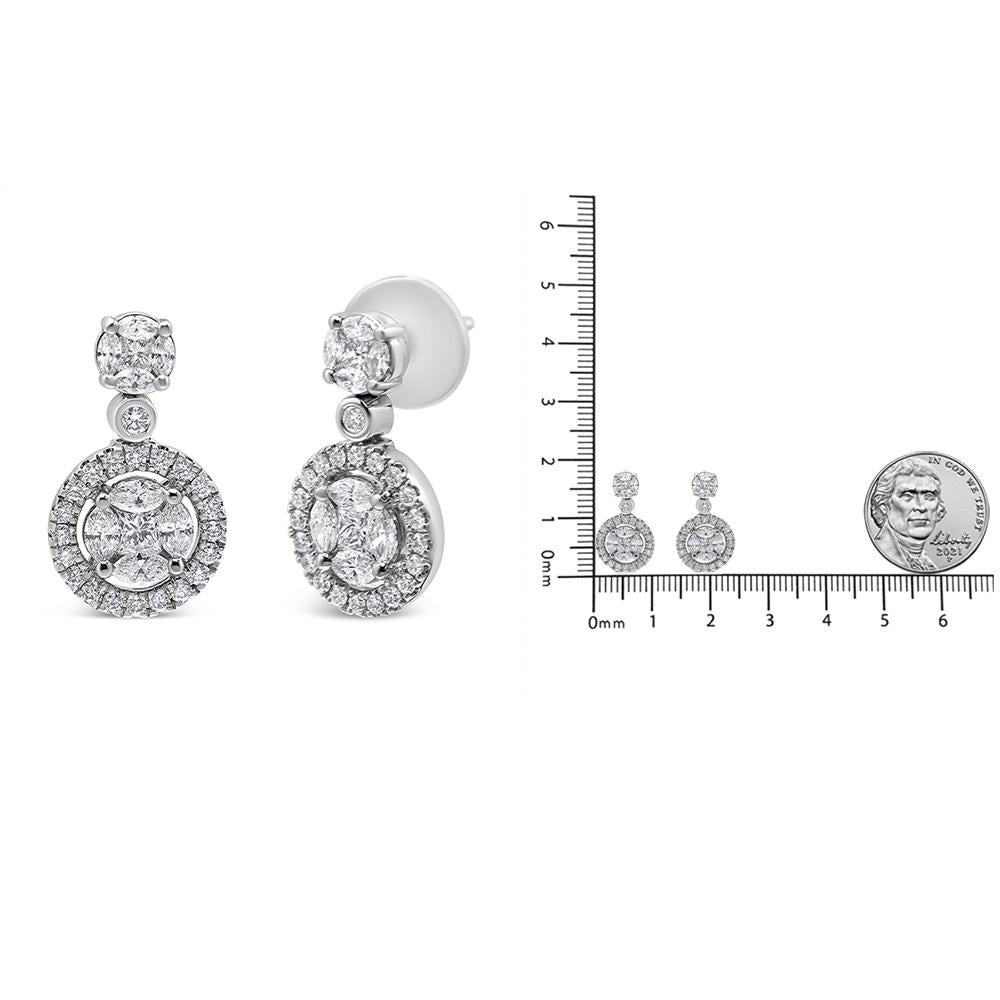 Round Cut 18K White Gold 2.0 Cttw Round Shape Diamond Composite Halo Dangle Stud Earring For Sale