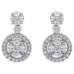 18K White Gold 2.0 Cttw Round Shape Diamond Composite Halo Dangle Stud Earring