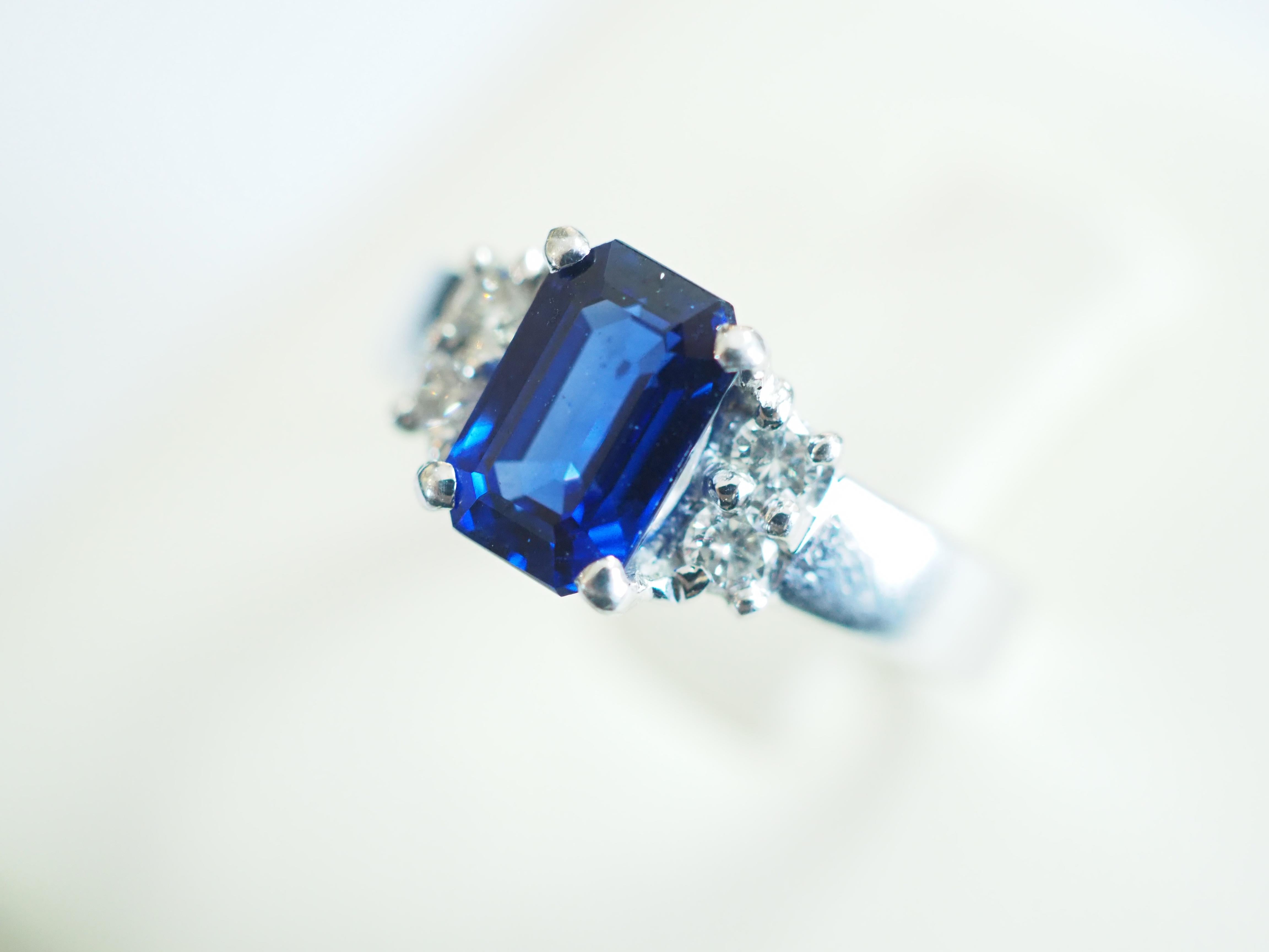 18k White Gold 2.03ct Emerald Cut Royal Blue Sapphire & Diamond Engagement Ring For Sale 1