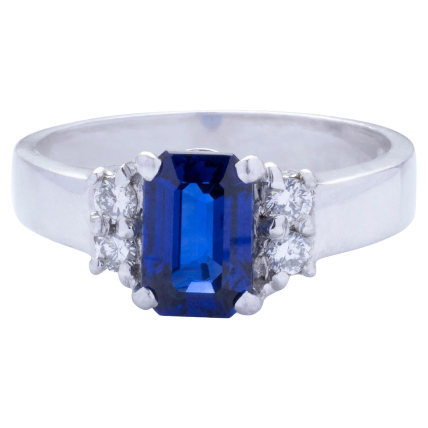 18k White Gold 2.03ct Emerald Cut Royal Blue Sapphire & Diamond Engagement Ring For Sale