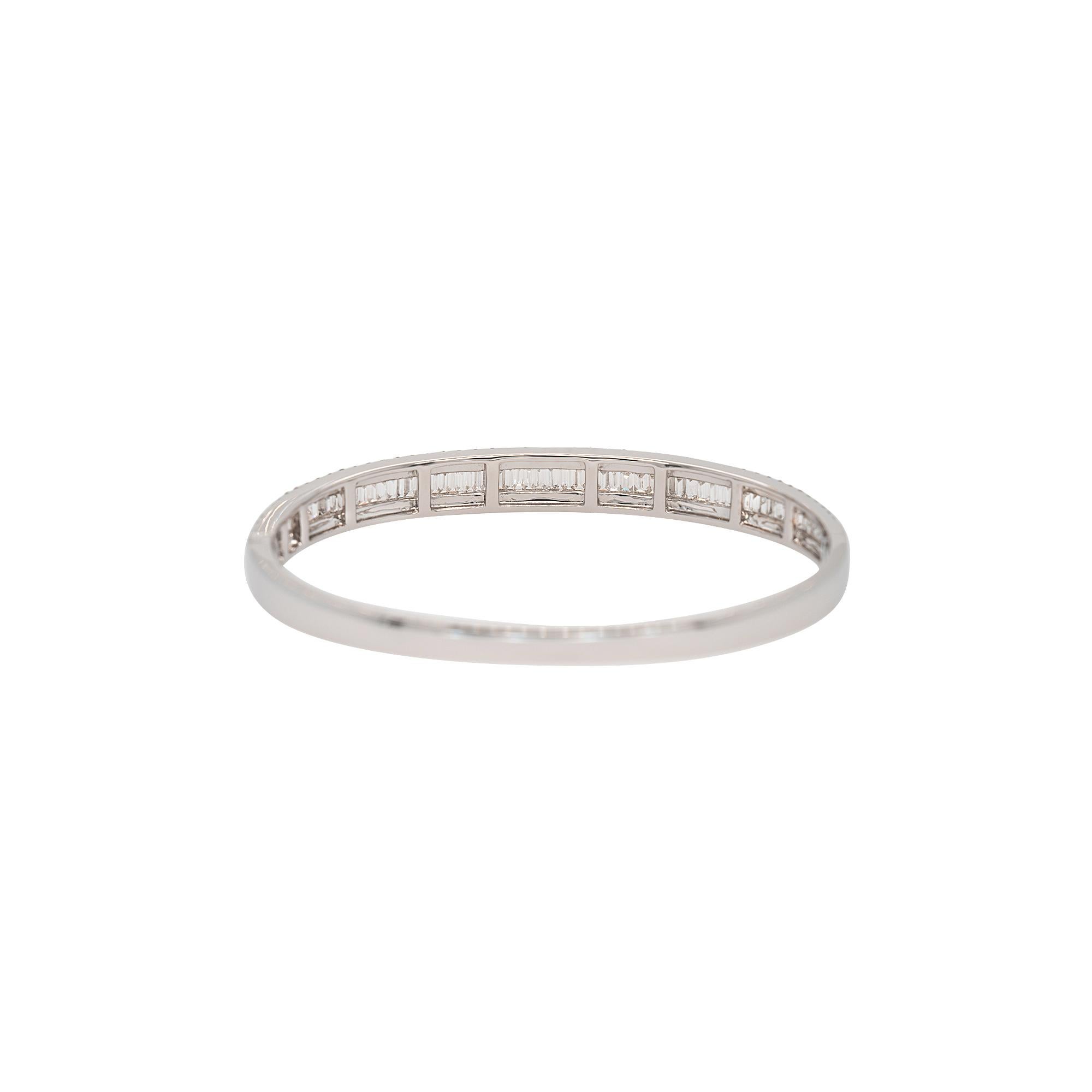 Women's 18k White Gold 2.06ct Baguette Cut and 1.56ct Round Brilliant Diamond Bangle For Sale