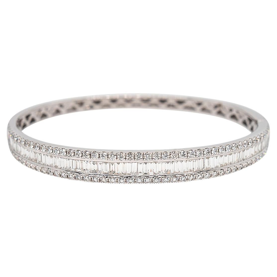 18k White Gold 2.06ct Baguette Cut and 1.56ct Round Brilliant Diamond Bangle For Sale