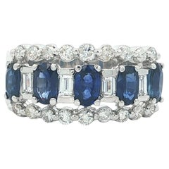 18k White Gold 2.08ctw Oval Sapphire w/ Round & Baguette Diamond Band Ring