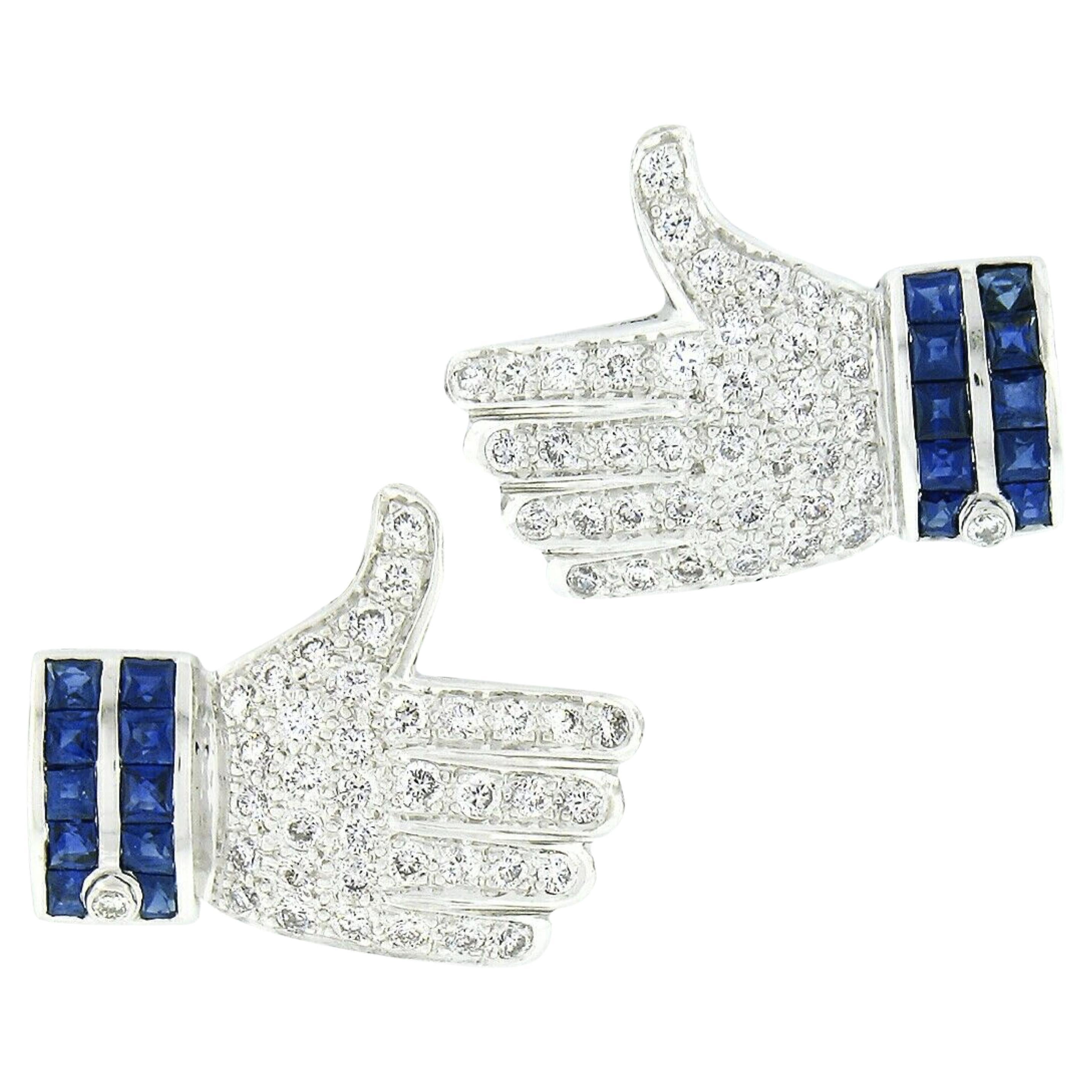 18k White Gold 2.0ctw Sapphire & Diamond Thumbs Up "Like" Statement Earrings For Sale