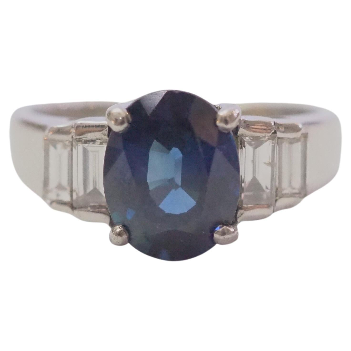 18K White Gold 2.10ct Blue Sapphire & 0.42ct Diamond Engagement Ring For Sale