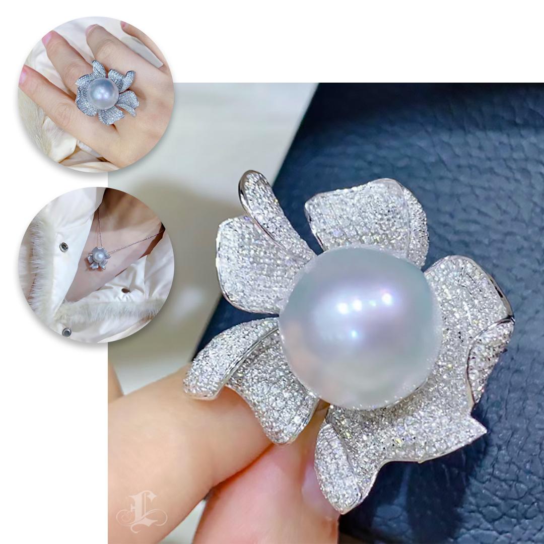 Uncut 【Vine Symphony】Convertible Blooming Aurora South Sea Pearl Ring Pendant Brooch For Sale