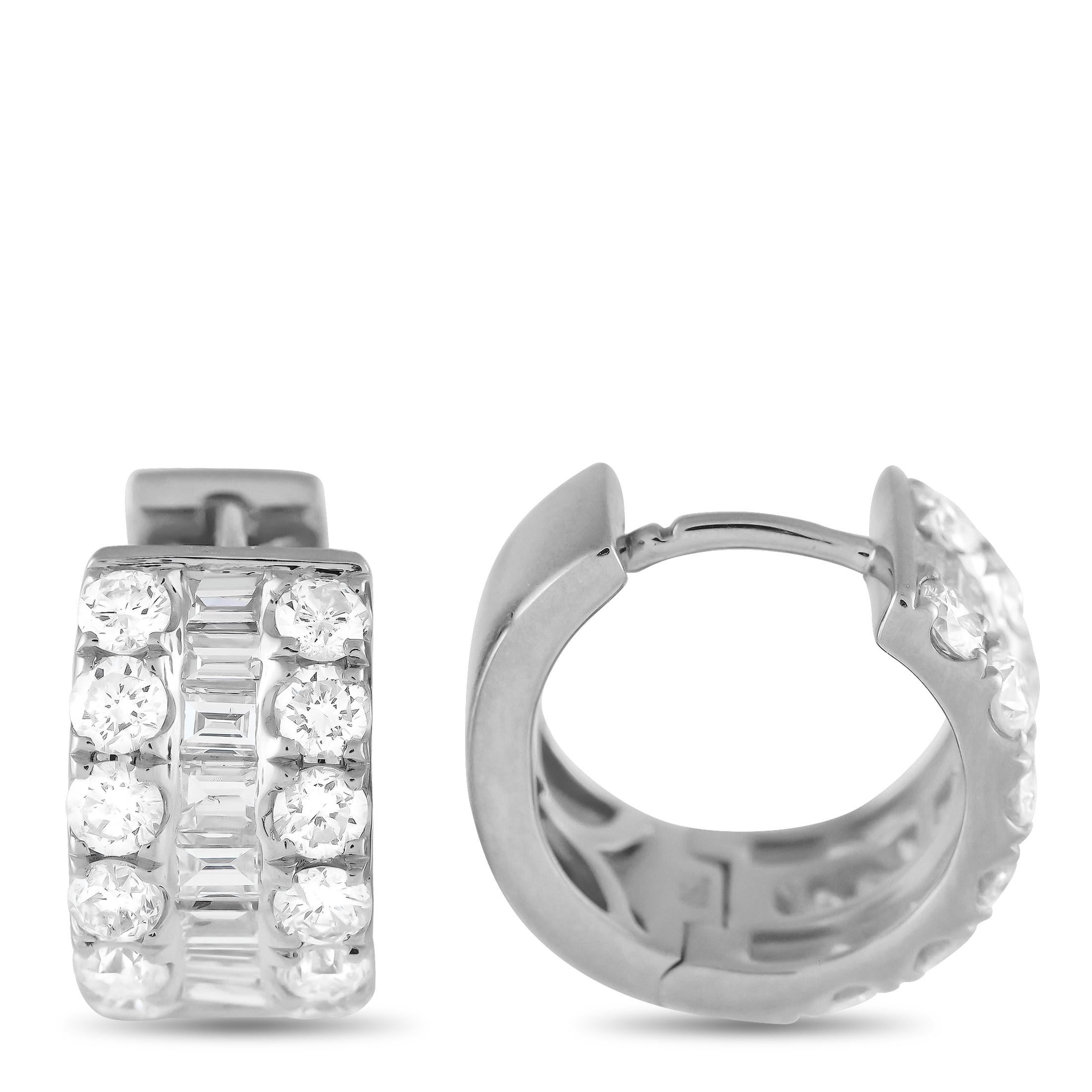 Elevate your jewelry collection with this pair of diamond huggie hoops. These earrings radiate timeless elegance with their triple rows of diamonds. Each earring is adorned with a brilliant channel of baguette diamonds, sandwiched between rows of