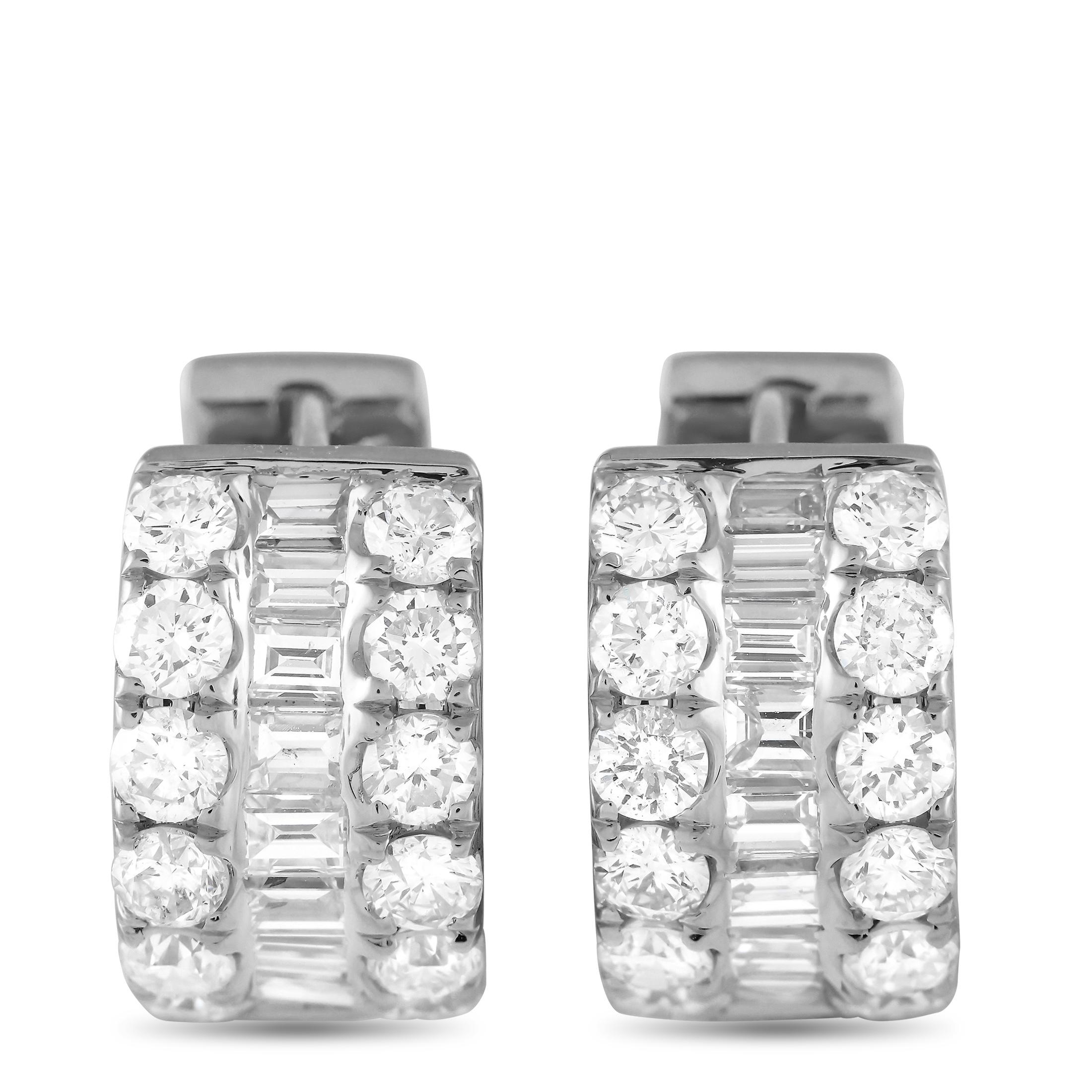 18K White Gold 2.10ct Diamond Three-Row Huggie Hoop Earrings In New Condition In Southampton, PA