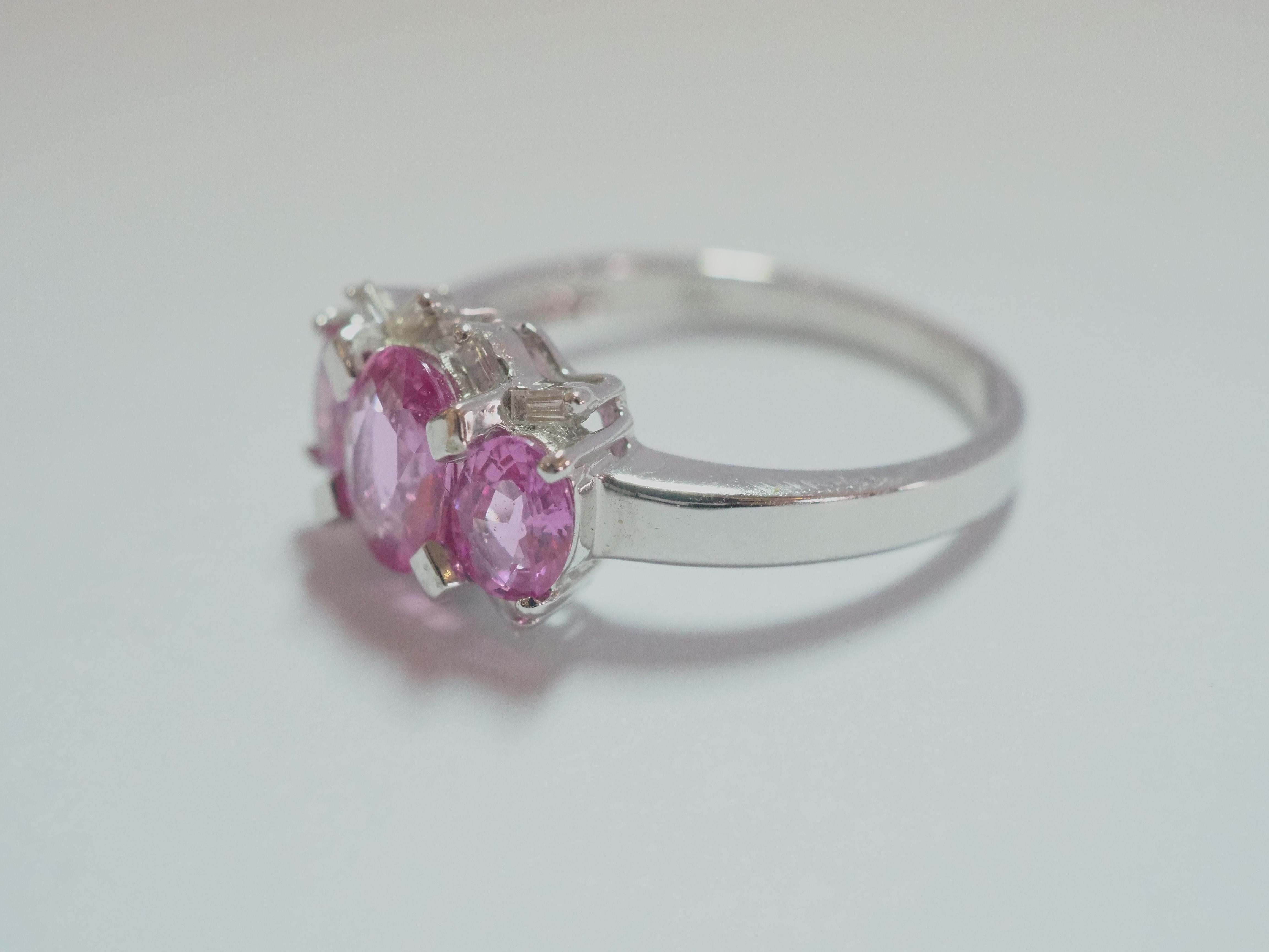 Oval Cut 18K White Gold 2.10ct Three Pink Sapphires & 0.10ct Baguette Diamond Ring For Sale