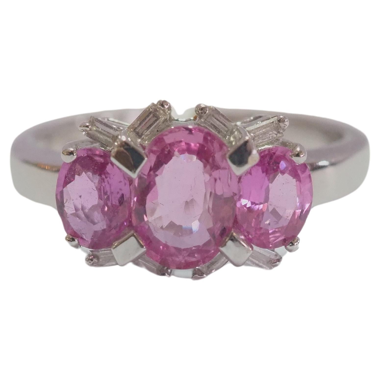 18K White Gold 2.10ct Three Pink Sapphires & 0.10ct Baguette Diamond Ring For Sale